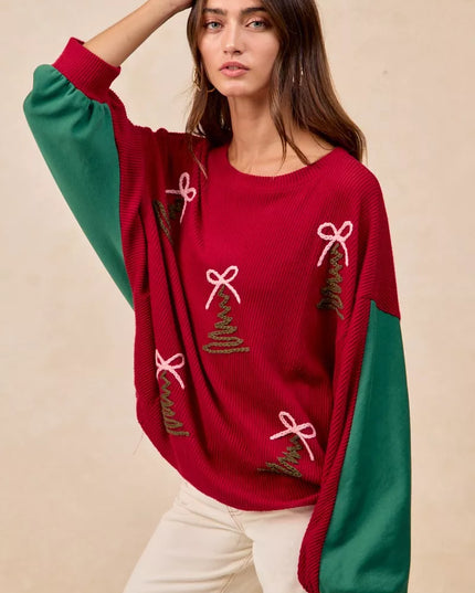 BiBi Christmas Theme Tree Embroidered Sweater - Sleekdenim.com