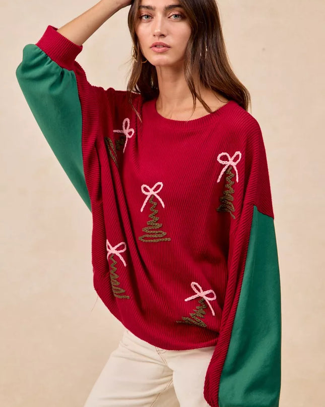 BiBi Christmas Theme Tree Embroidered Sweater - Sleekdenim.com