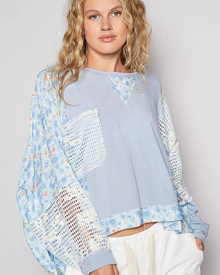 POL Round Neck Cropped Gauze Floral Pattern Top with Overlock Stitch Detail - Sleekdenim.com