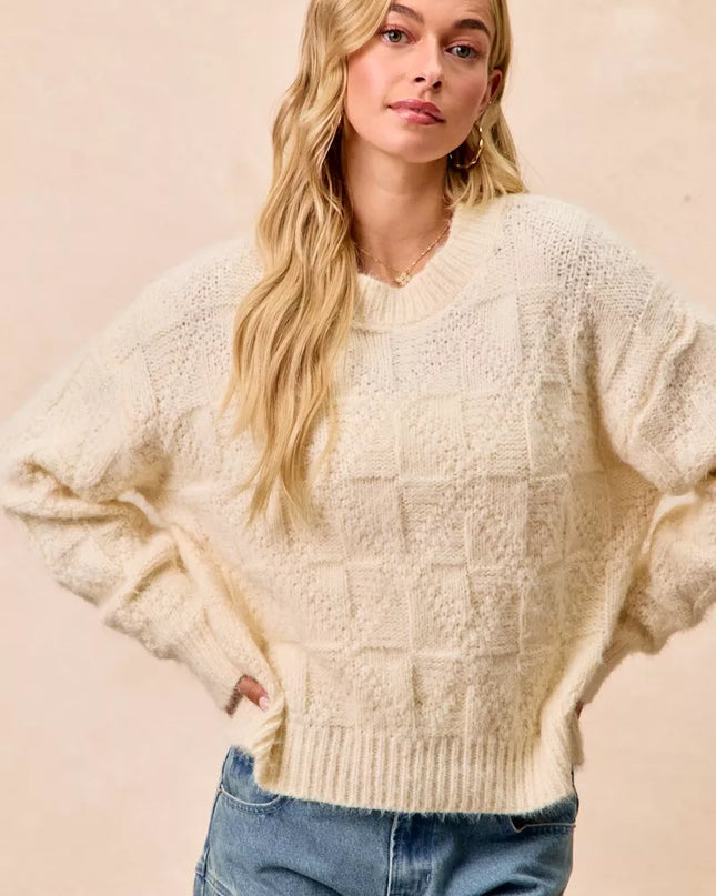 BiBi Checker Board Drop Shoulder Sweater - Sleekdenim.com