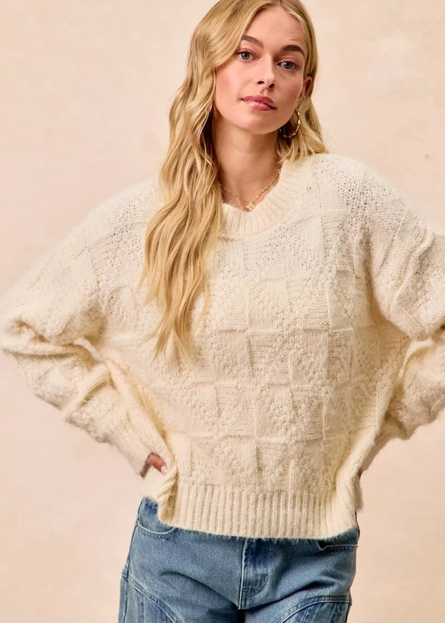 BiBi Checker Board Drop Shoulder Sweater - Sleekdenim.com