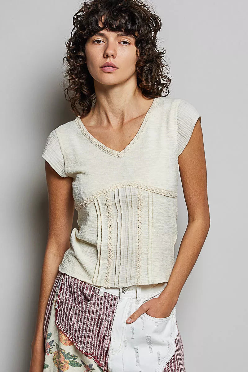 POL V-Neck Lightweight Textured Short Sleeve Knit Top with Lace Trim - 6