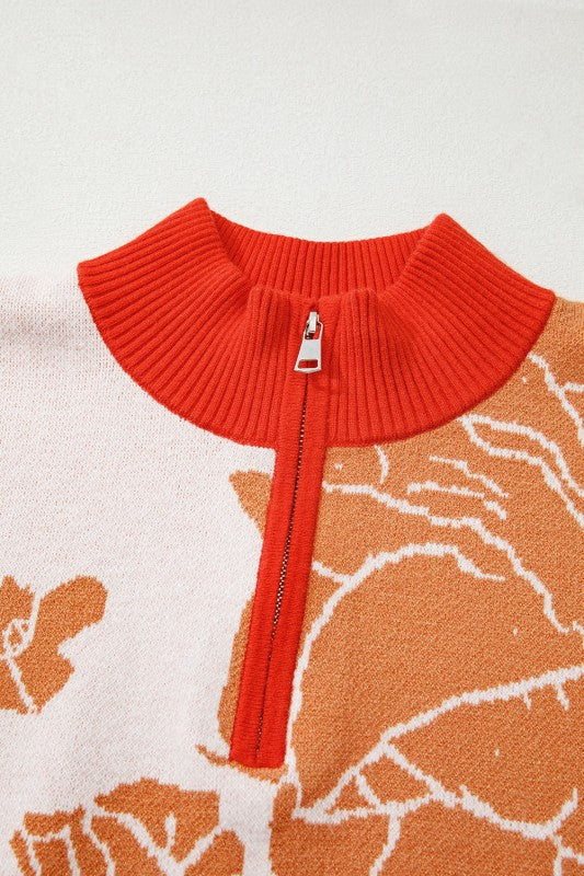 Floral Half Zip Collared Pullover Sweater - Sleekdenim.com