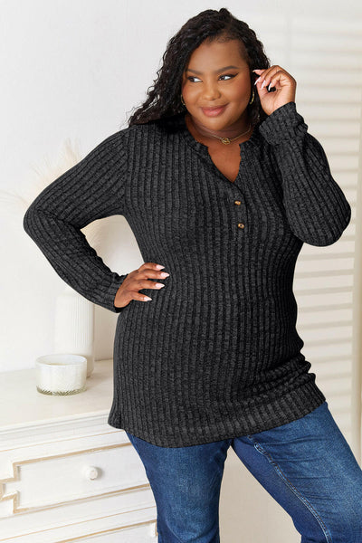 Double Take Notched Neck Ribbed Long Sleeve T-Shirt Black