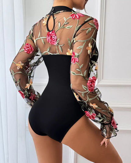 Floral Embroidered Mesh Long Sleeve Bodysuit - Sleekdenim.com