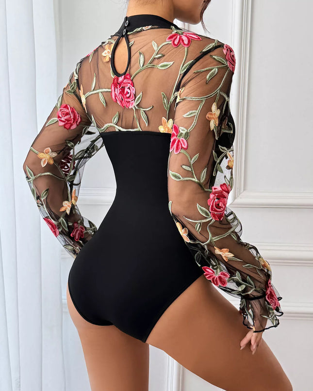 Floral Embroidered Mesh Long Sleeve Bodysuit - Sleekdenim.com