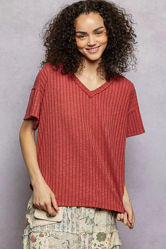 POL Ribbed Knit V-Neck Short Sleeve T-Shirt with Side Slit - Sleekdenim.com