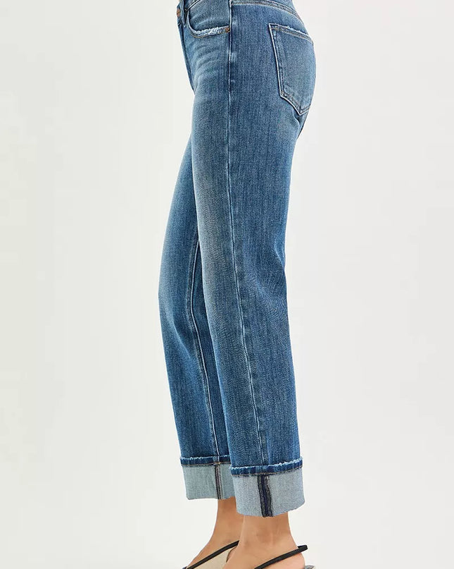 RISEN Full Size 4 Way Stretch Slouchy Straight Jeans with Cuffed Hem Plus Size - Sleekdenim.com