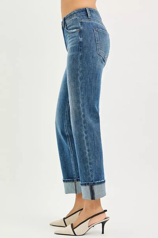 Risen 4 Way Stretch Slouchy Straight Jeans with Cuffed Hem - PSC21468 DARK - Sleekdenim.com