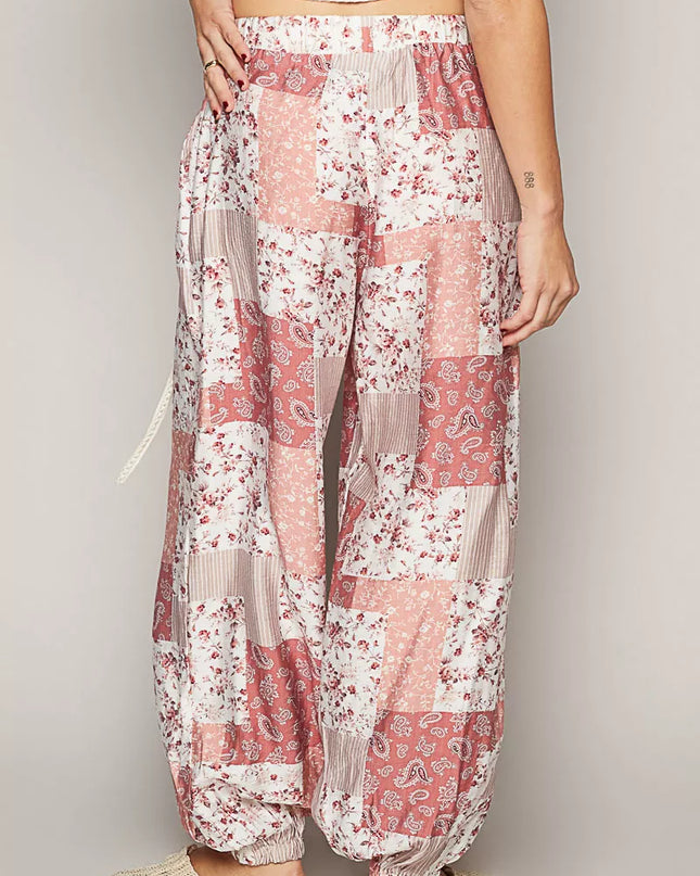 POL Drawstring Floral Patchwork Wide leg Pants - Sleekdenim.com