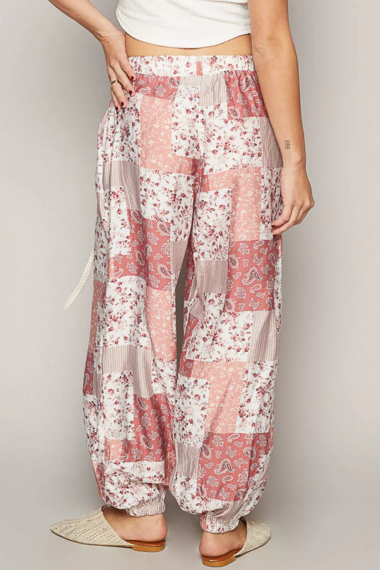 POL Drawstring Floral Patchwork Wide leg Pants - Sleekdenim.com