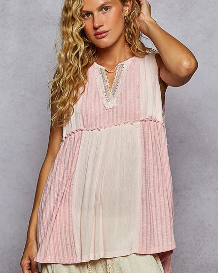 POL Lace Trim Two-Tone Tank with Pintuck Detail - Sleekdenim.com