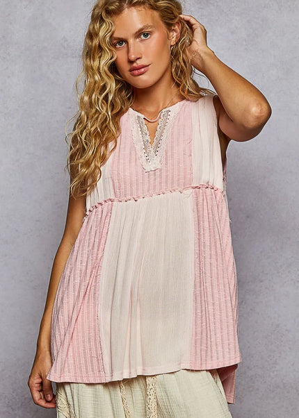 POL Lace Trim Two-Tone Tank with Pintuck Detail - Sleekdenim.com