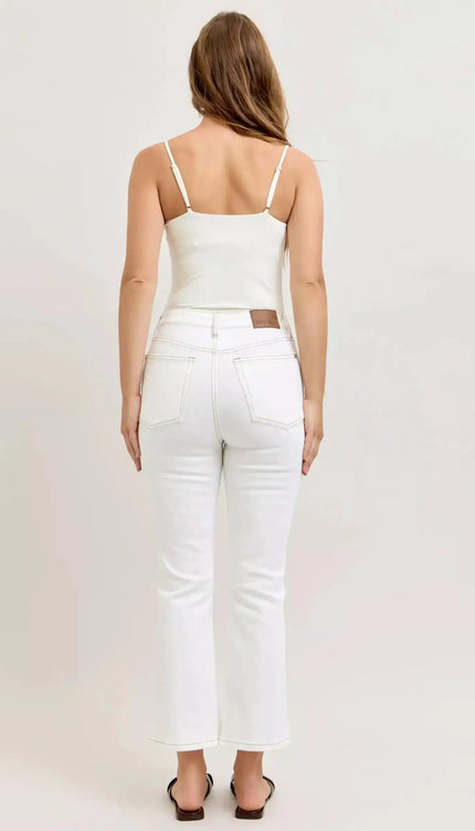 Judy Blue Contrast Stitching Cropped Flare Perfect White Jeans 881080 - Sleekdenim.com