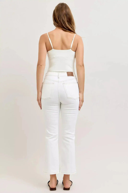 Judy Blue Contrast Stitching Cropped Flare Perfect White Jeans 881080 - Sleekdenim.com