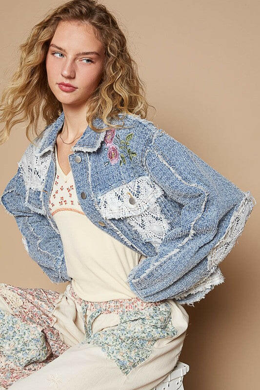 POL Crochet Patch Embroidered Button Up Jacket | Sleekdenim.com