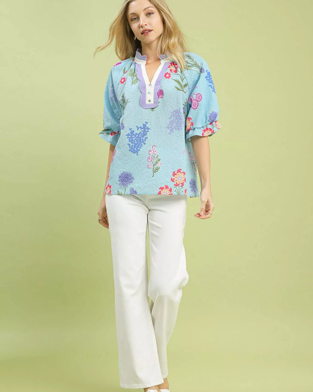 Umgee Floral Puff Sleeve Blouse with Scallop Trim Collar - Sleekdenim.com