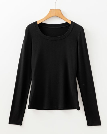 Solid Scoop Neck Long Sleeve Top - Sleekdenim.com