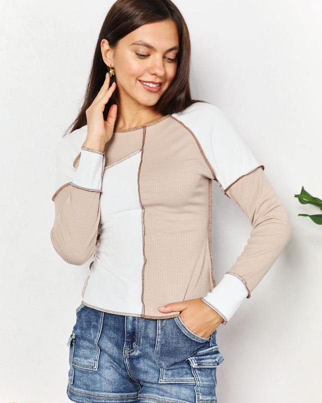 Double Take Color Block Exposed Seam Top - Sleekdenim.com