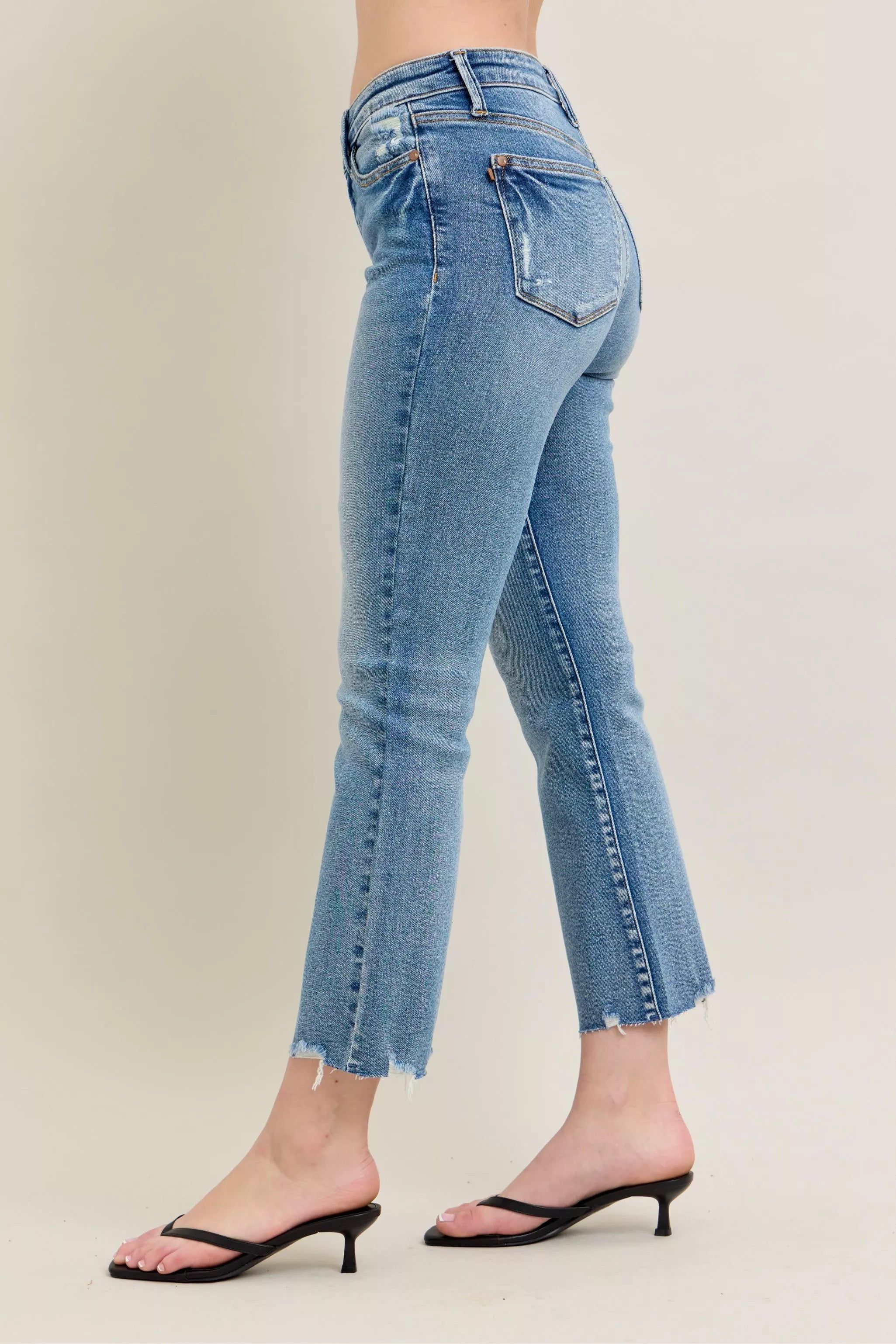 Judy Blue Mid Rise Vintage Wash Destroy Hem Kick Flare Jeans 88979