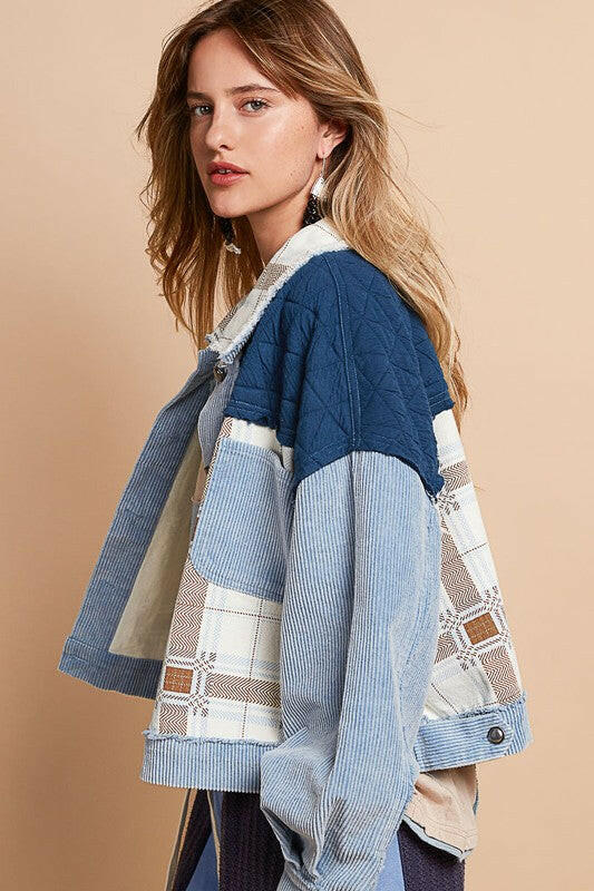 POL Corduroy Jacquard Patchwork Button Up Jacket | Sleekdenim.com