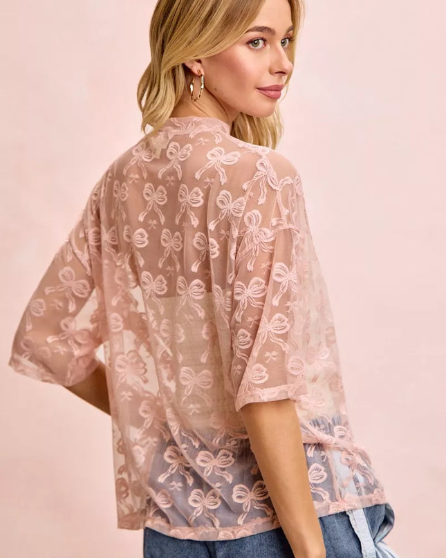 BiBi Bow Pattern Short Sleeves Boxy Mesh Top - Sleekdenim.com