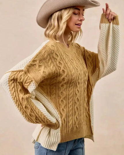BiBi Cable Knit With Hacci Combo Sweater With Uneven Hem Detail - Sleekdenim.com