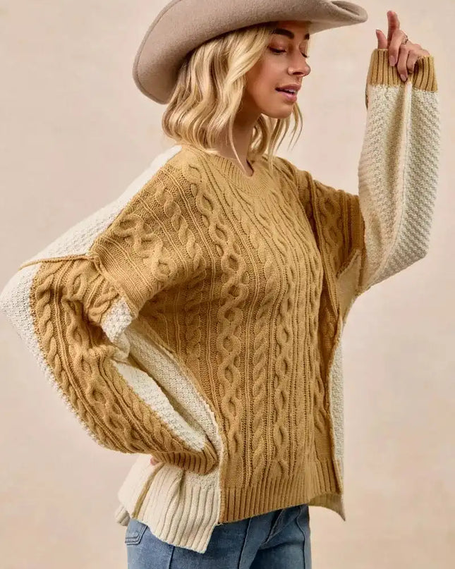 BiBi Cable Knit With Hacci Combo Sweater With Uneven Hem Detail - Sleekdenim.com