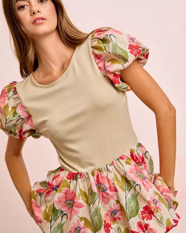 BiBi Floral Printed Bubble Sleeves and Hem Peplum Top - Sleekdenim.com