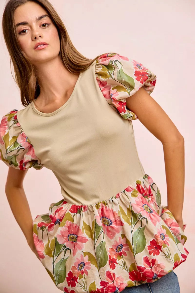 BiBi Floral Printed Bubble Sleeves and Hem Peplum Top - Sleekdenim.com
