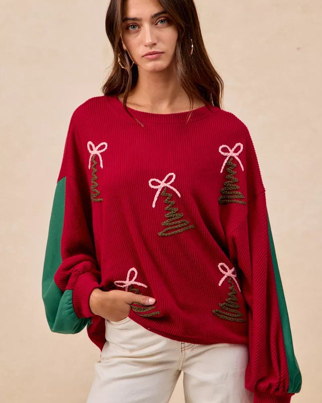 BiBi Christmas Theme Tree Embroidered Sweater - Sleekdenim.com