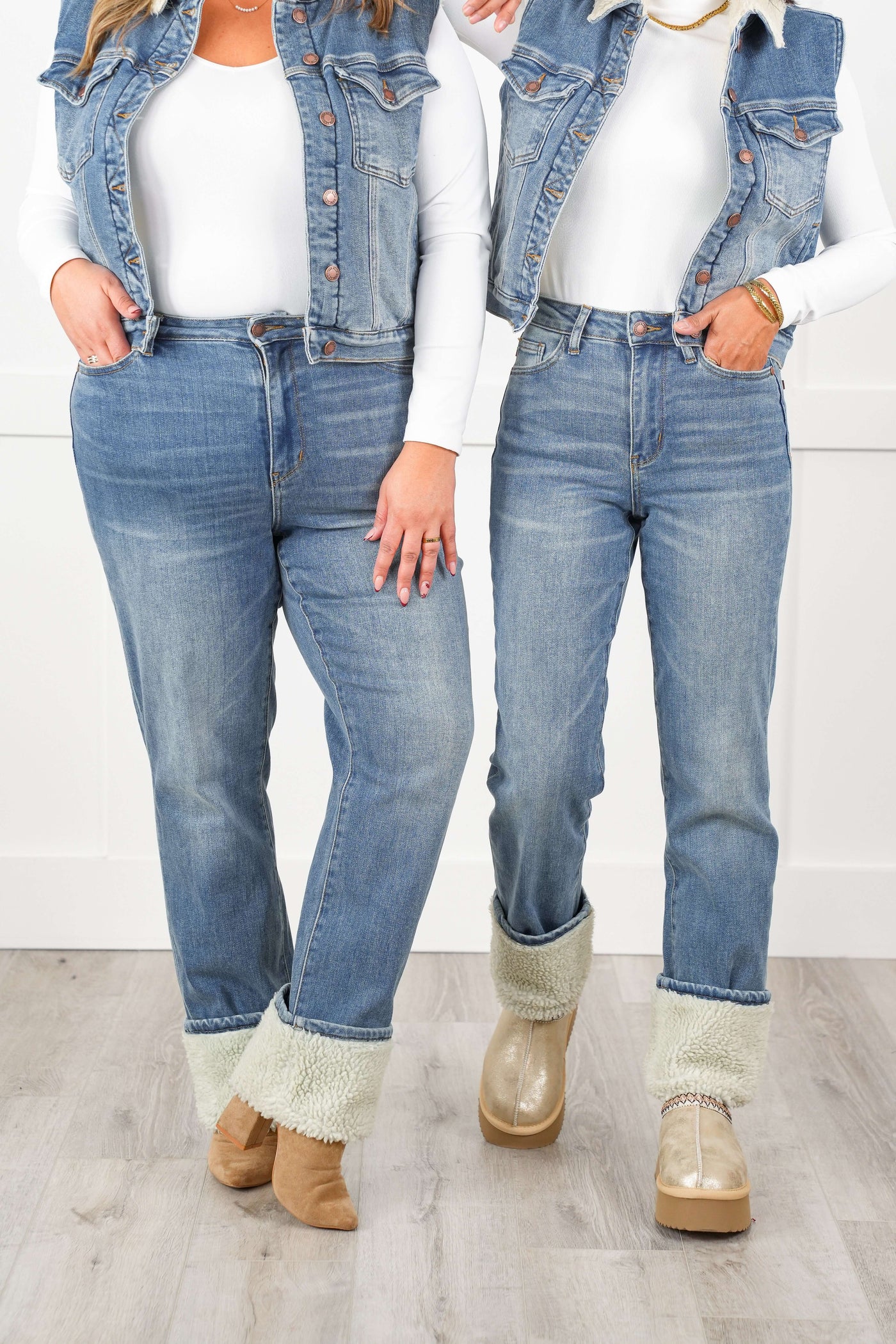 Judy Blue The Aspen High Rise Medium Wash Shearling Cuff Straight Leg Jeans