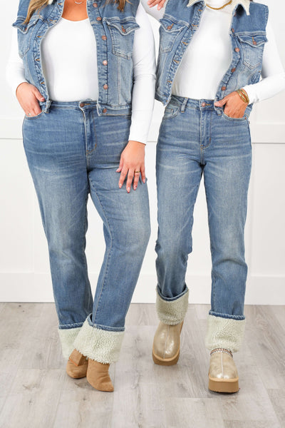 Judy Blue The Aspen High Rise Medium Wash Shearling Cuff Straight Leg Jeans