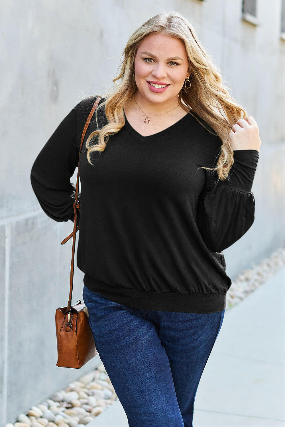 Basic Bae Full Size V-Neck Lantern Sleeve Top Black