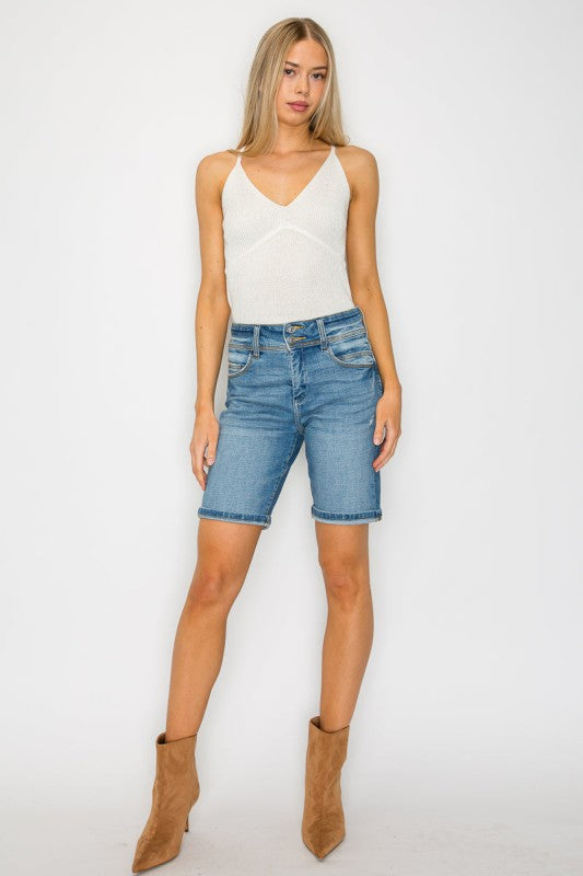 Artemis Vintage High Rise Double Button Waistband Bermuda Jeans Shorts - Sleekdenim.com