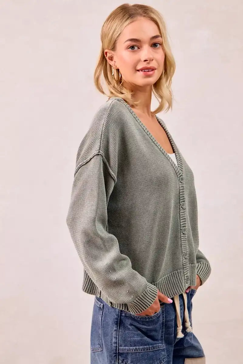 BiBi Washed Sweater V Neck Cardigan - Sleekdenim.com