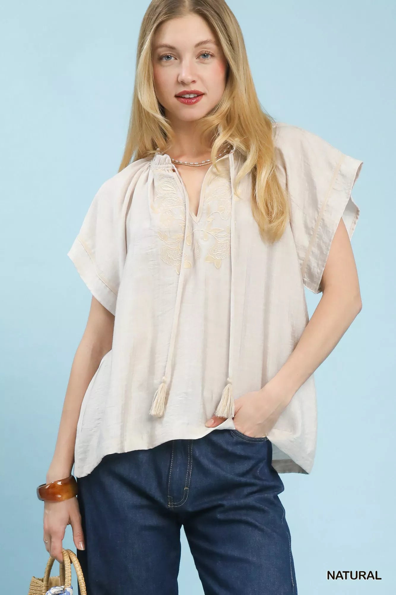 Umgee Embroidered Boho Blouse with Tassel Tie - Sleekdenim.com