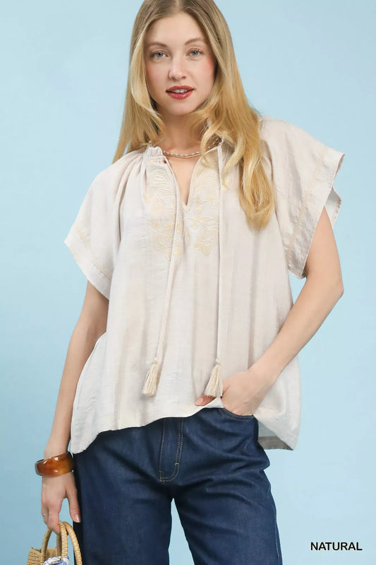 Umgee Embroidered Boho Blouse with Tassel Tie - Sleekdenim.com