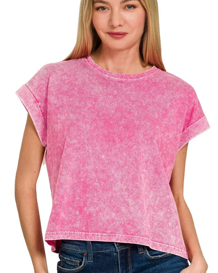 Zenana Halo Washed Cotton Cuffed Short Sleeve Top - Sleekdenim.com