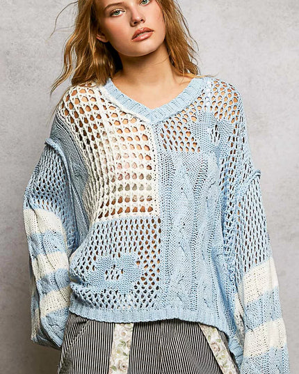 POL Color-Blocked Stripe Pattern Knit Top with Twisted Weave - Sleekdenim.com