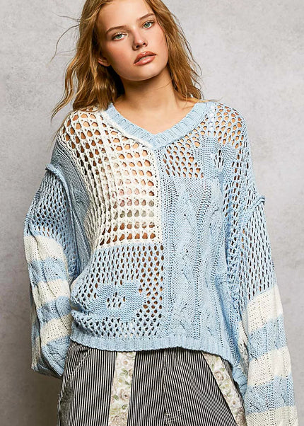 POL Color-Blocked Stripe Pattern Knit Top with Twisted Weave - Sleekdenim.com