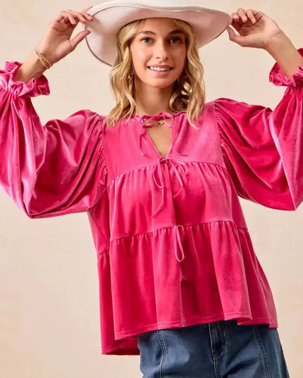 BiBi Christmas Theme Velvet Bow Tied Blouse - Sleekdenim.com