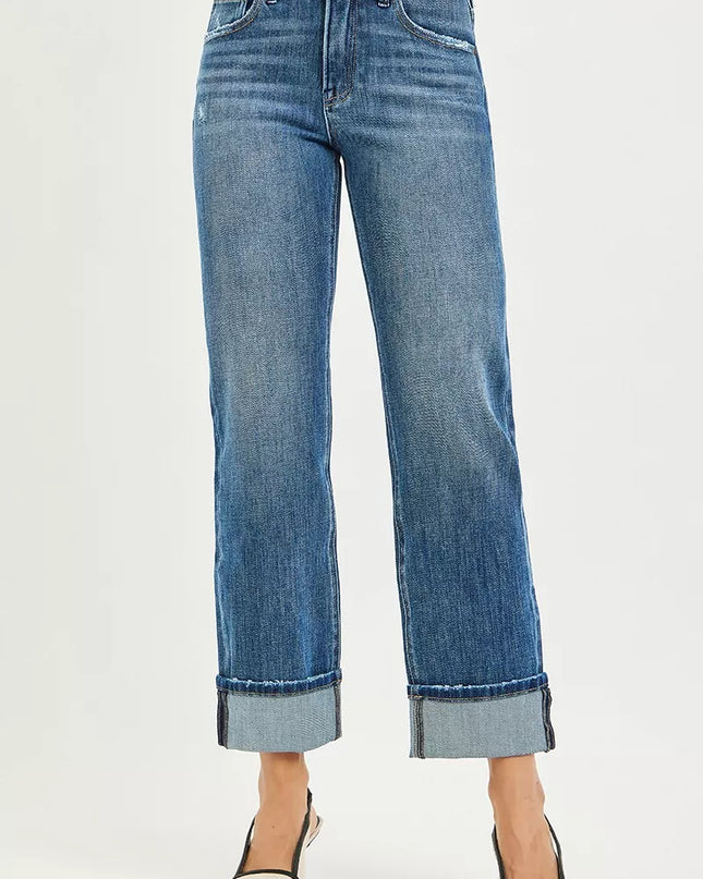 RISEN Full Size 4 Way Stretch Slouchy Straight Jeans with Cuffed Hem Plus Size - Sleekdenim.com