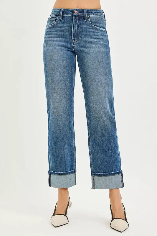 Risen 4 Way Stretch Slouchy Straight Jeans with Cuffed Hem - PSC21468 DARK - Sleekdenim.com