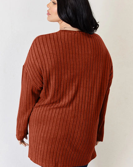 Basic Bae Full Size Ribbed Half Button Long Sleeve High-Low T-Shirt - Sleekdenim.com