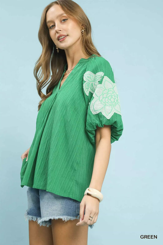 Umgee Embroidered Balloon Sleeve Notch Neck Blouse - 2