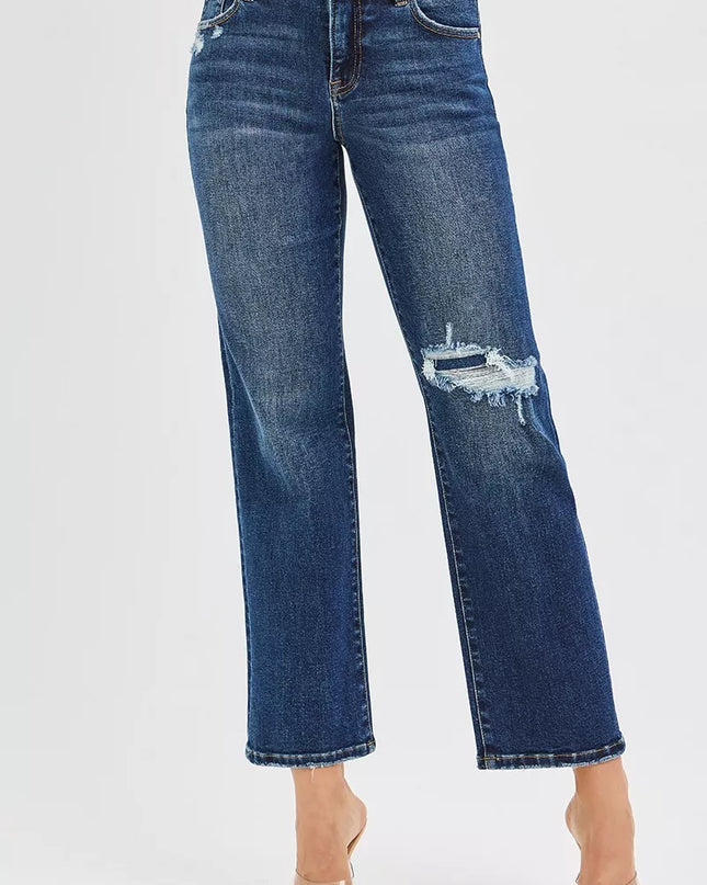 RISEN High Rise Crop Slim Straight Jenas with Hidden Knee Patch - Sleekdenim.com