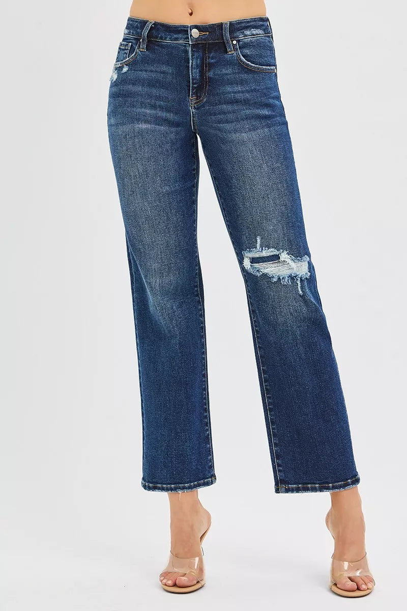 RISEN High Rise Crop Slim Straight Jenas with Hidden Knee Patch - Sleekdenim.com