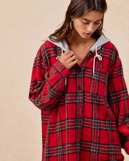 BiBi Brushed Plaid Hooded Jacket - Sleekdenim.com