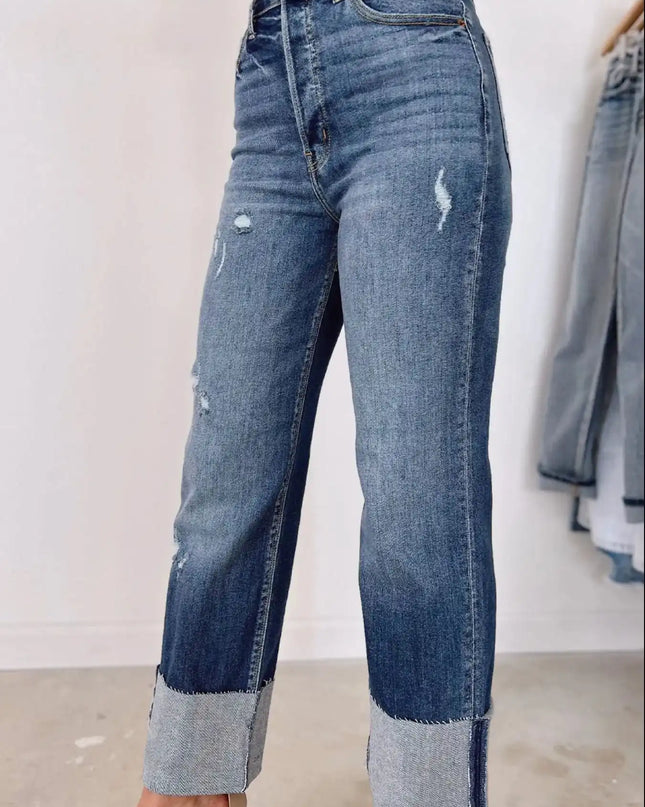 High Waist Distressed Straight Leg Jeans - Sleekdenim.com